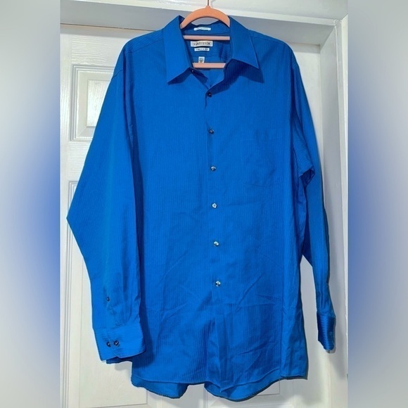 Van Heusen Mens Classic Fit & Satin Stripe Blue Button Down Dress Shirt - Picture 1 of 7